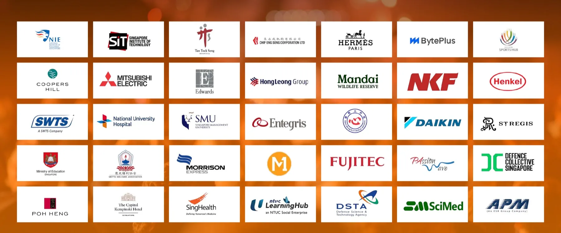 Elitez Events client roster including NIE, SIT, Hermès, BytePlus, Mandai, Hong Leong, MOE, DSTA, SingHealth, Capitol Kempinski, Mitsubishi, Daikin, St. Regis and more