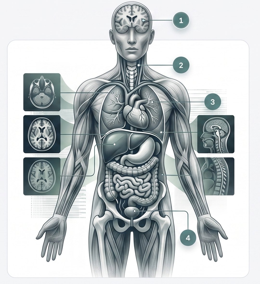 Illustrative full-body anatomical rendering with MRI slice panels — cerebrum, cervical spine, thorax, and abdomen/pelvis regions highlighted. Editorial illustration, not a real patient scan.