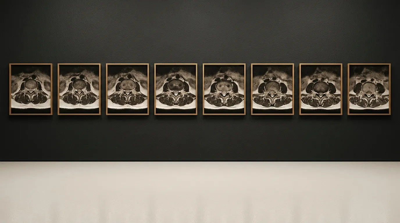 Editorial filmstrip — eight axial spine MRI slices in sequence