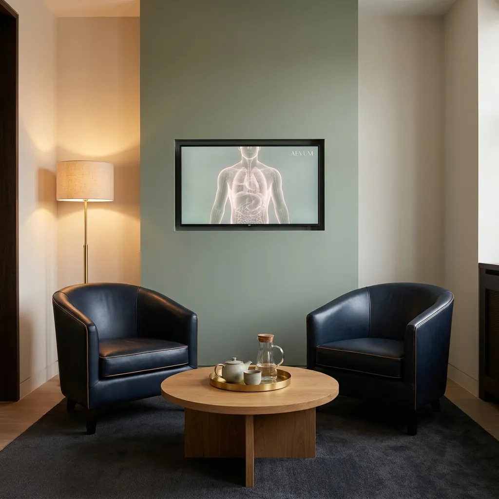 The AEVUM consultation room — two leather club chairs facing the radiologist's desk