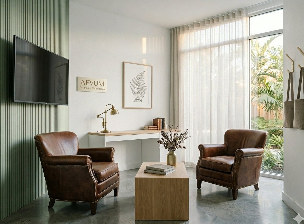 The AEVUM consultation room — two leather club chairs on either side of an oak coffee table, a wall-mounted monitor on a sage-panelled accent wall, an AEVUM / Diagnostic Consultation desk plaque, a window framing tropical greenery.