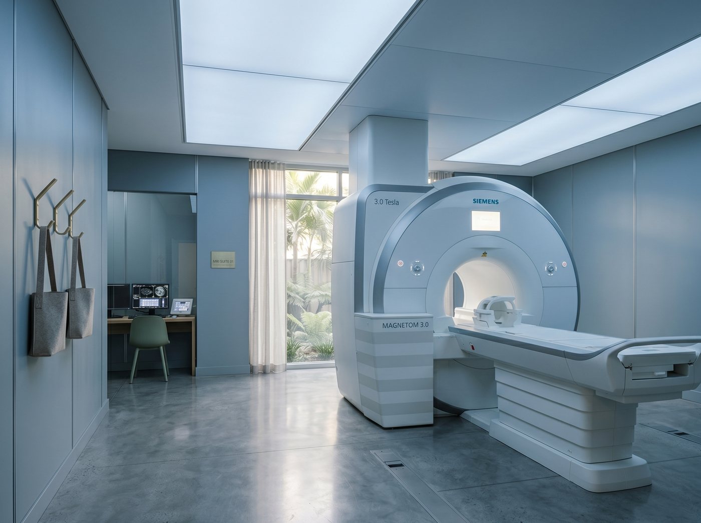 The magnet suite — a Siemens MAGNETOM 3.0 Tesla scanner, soft backlit ceiling panels, a glimpse of the technician workstation through the doorway.