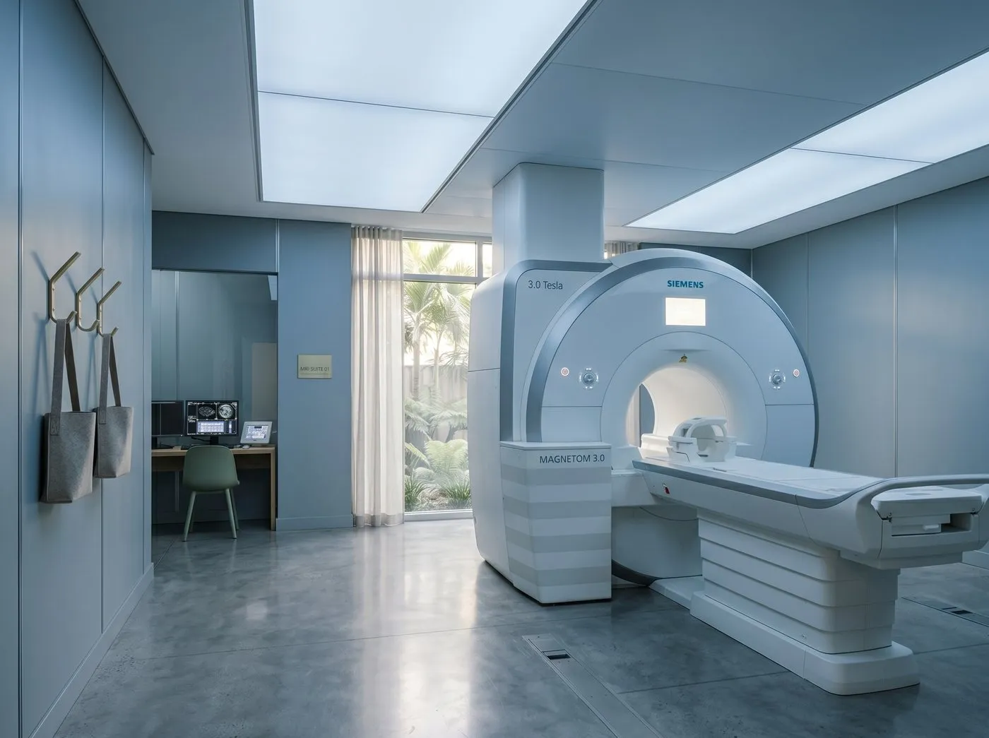 The magnet suite — a Siemens MAGNETOM 3.0 Tesla scanner, soft backlit ceiling panels, a glimpse of the technician workstation through the doorway.