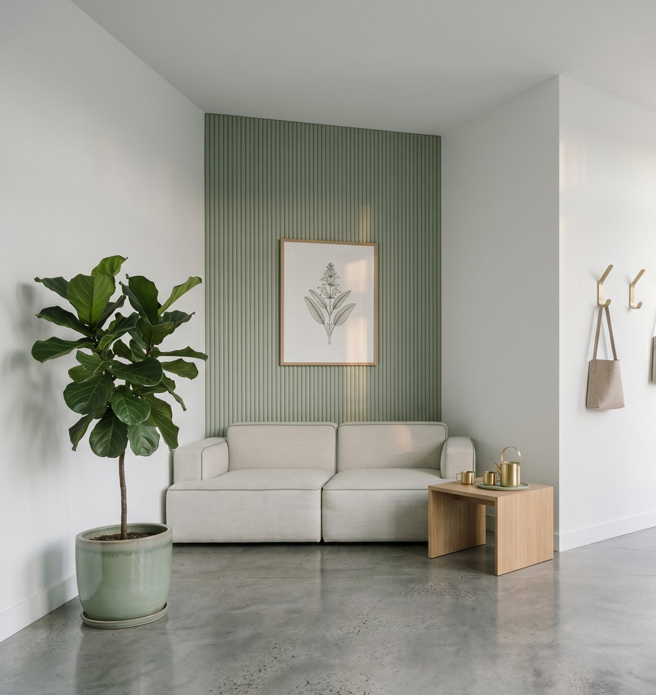 The AEVUM guest lounge — fiddle-leaf fig, sage-panelled accent wall, a linen couch, brass tea service on an oak table.