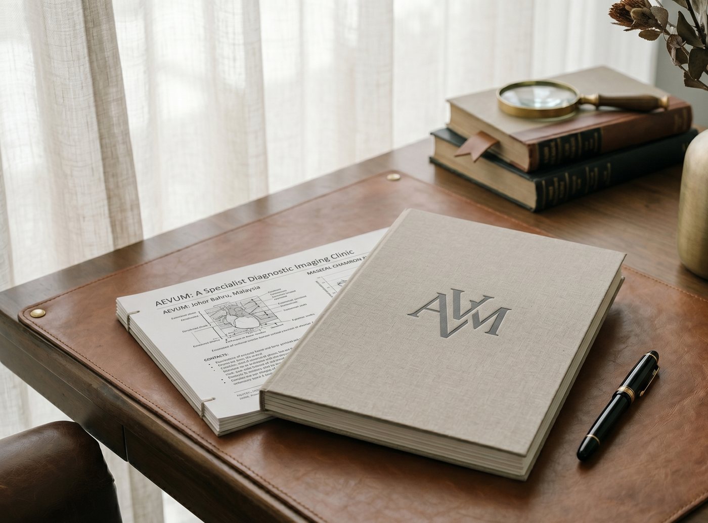 An AEVUM bound diagnostic report on a leather desk — embossed monogram, the printed summary sheet beside it, a fountain pen, old books and a brass magnifying glass.