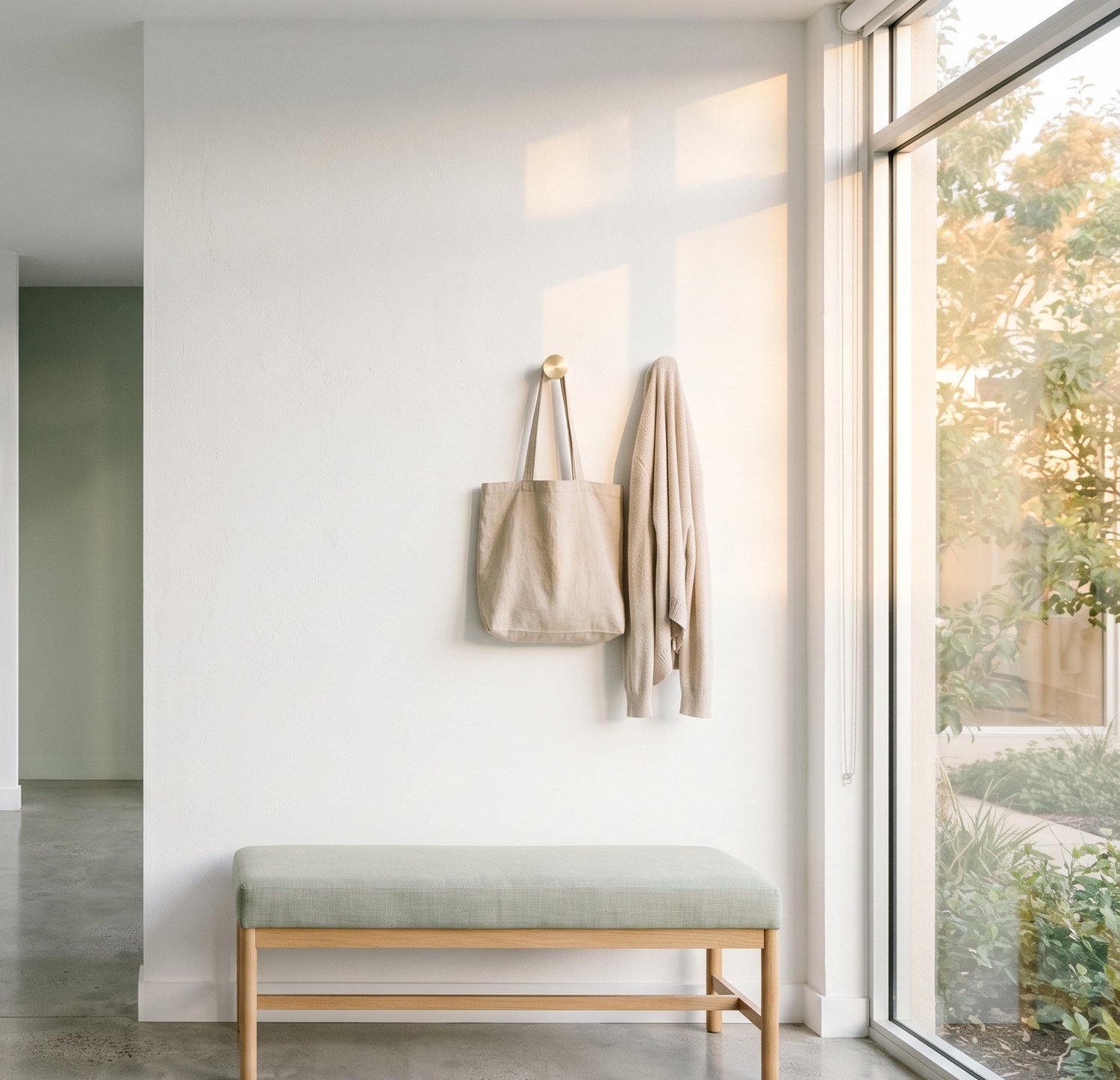 A quiet corner of the AEVUM guest lounge — natural daylight, a linen-cushioned bench, a single tote on a brushed-brass hook.