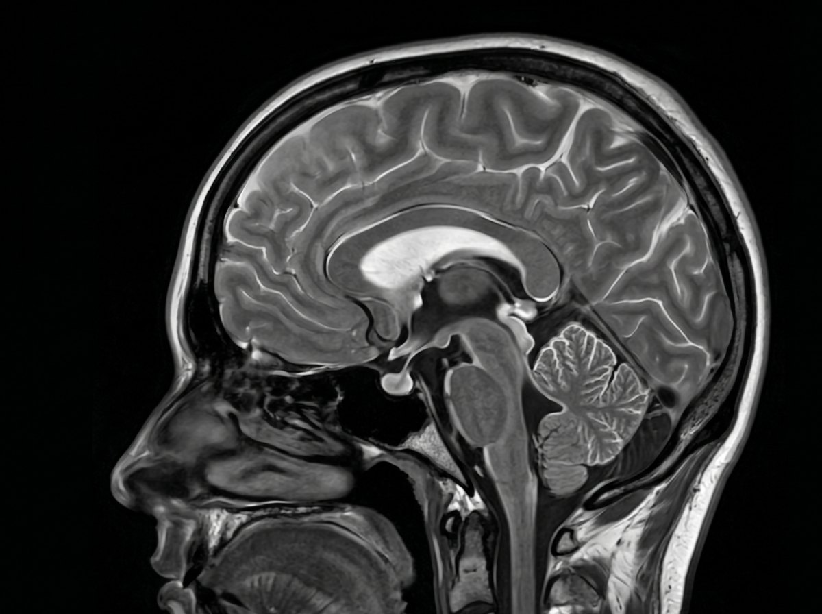 Sagittal T2-weighted MRI — illustrative reference only, not an AEVUM patient scan