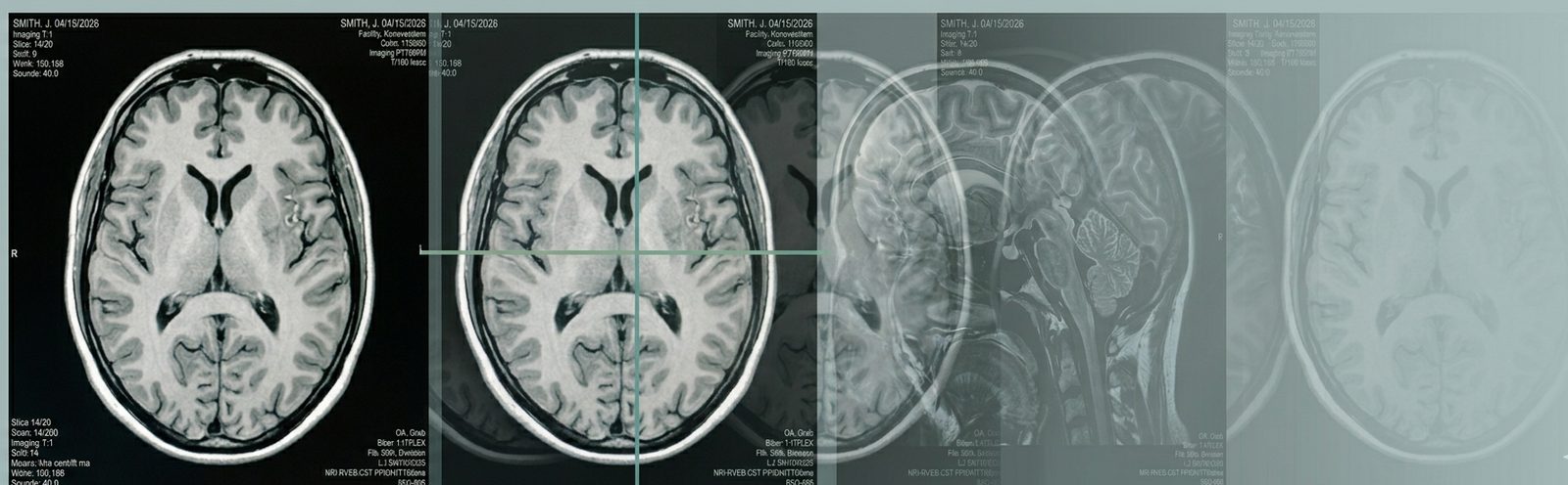 Illustrative axial brain MRI slices in a fading filmstrip — editorial, not real patient data.