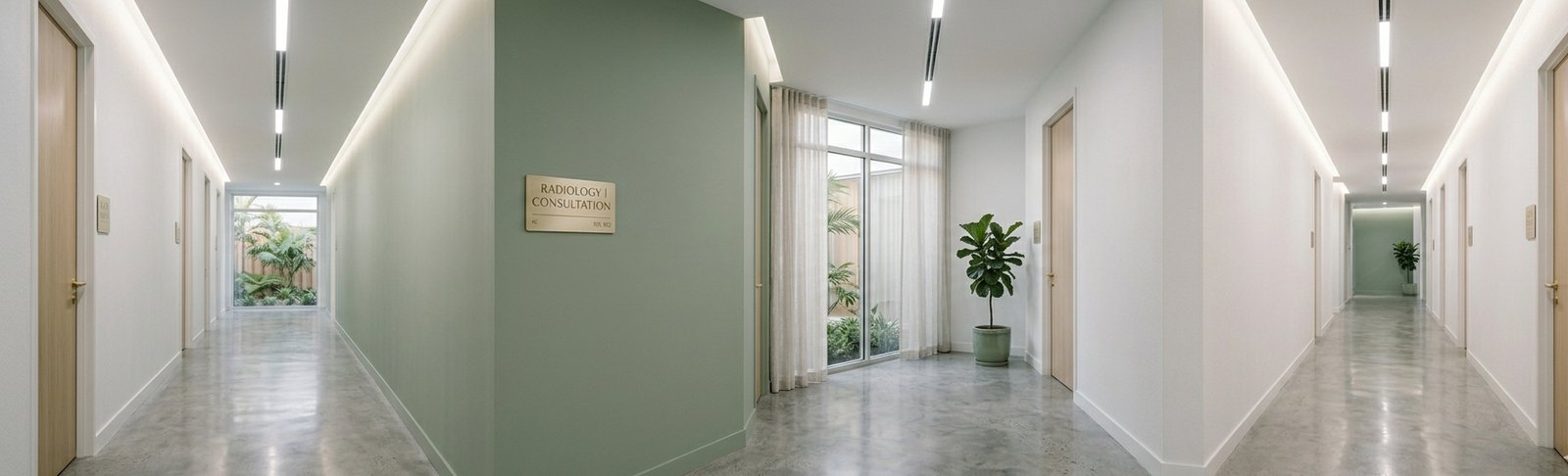 A quiet clinic corridor — sage accent wall with a 'Radiology Consultation' wayfinding plaque, polished concrete floor, soft linear ceiling lighting.