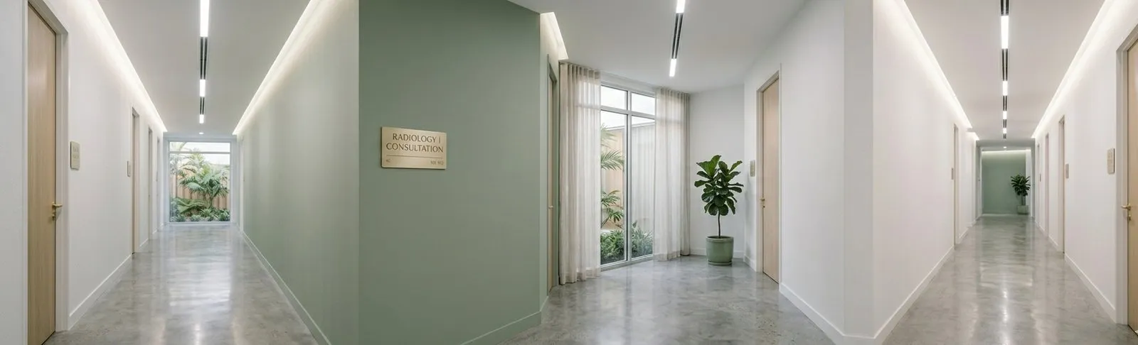 A quiet clinic corridor — sage accent wall with a 'Radiology Consultation' wayfinding plaque, polished concrete floor, soft linear ceiling lighting.