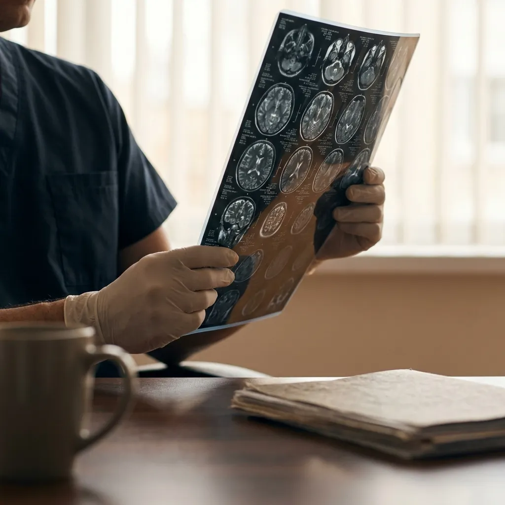 Radiologist's hands annotating a neuroimaging study at the consultation desk