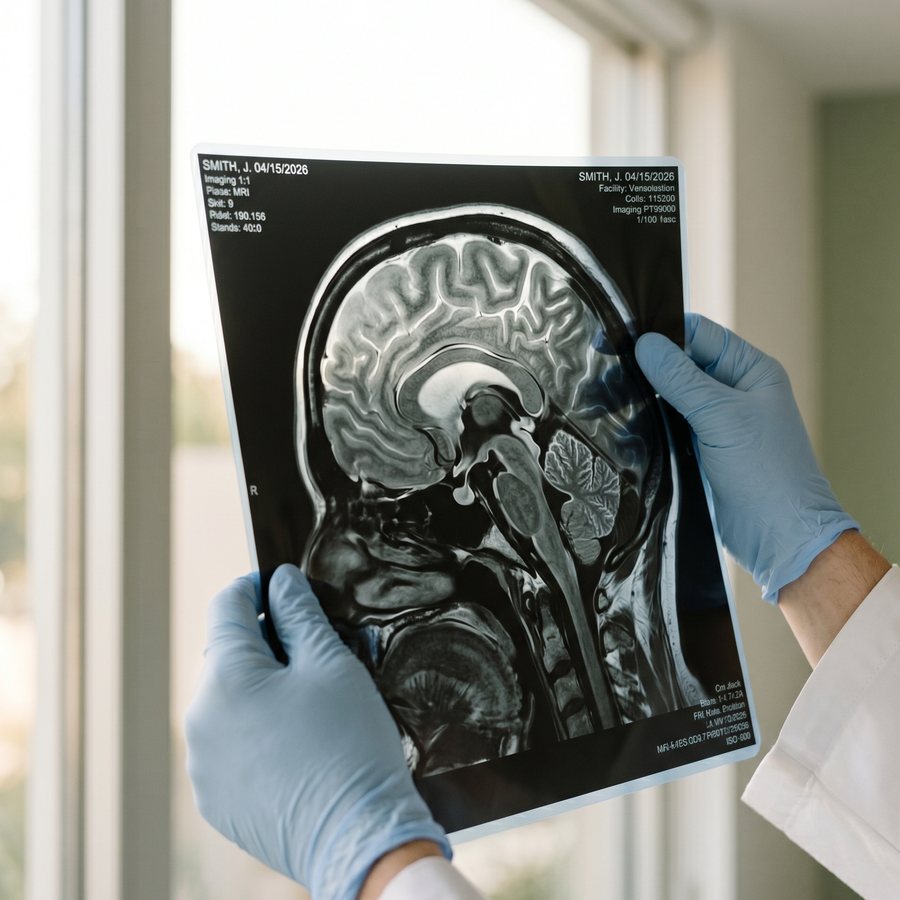 A radiologist's gloved hands holding a printed sagittal MRI film to window light — illustrative, no identifiable face.