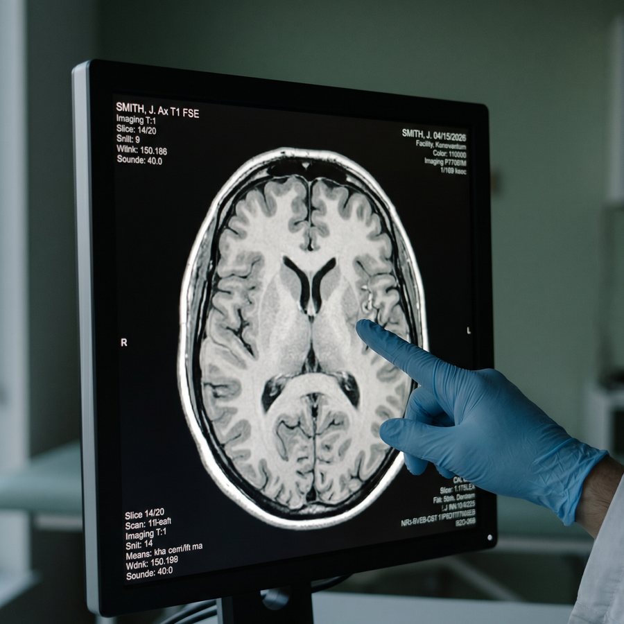 A radiologist's gloved hand pointing at an axial brain MRI on a high-resolution monitor — illustrative, no identifiable face.