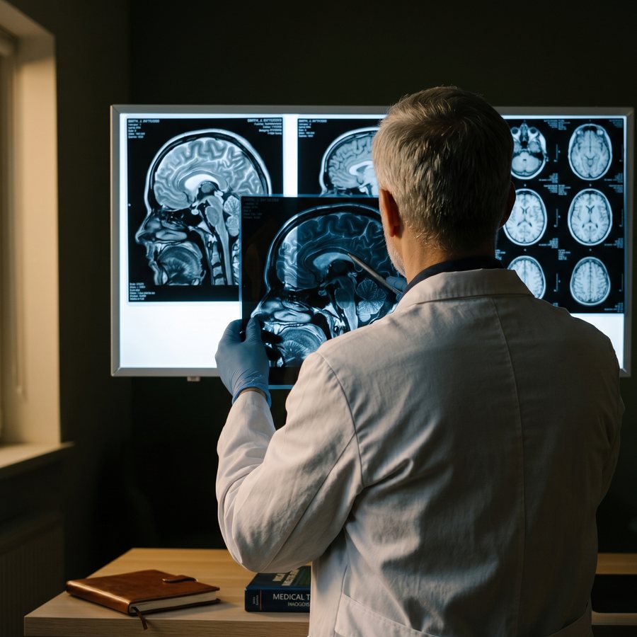 A radiologist in a white coat at a backlit film-viewing station, photographed from behind — illustrative, no identifiable face.