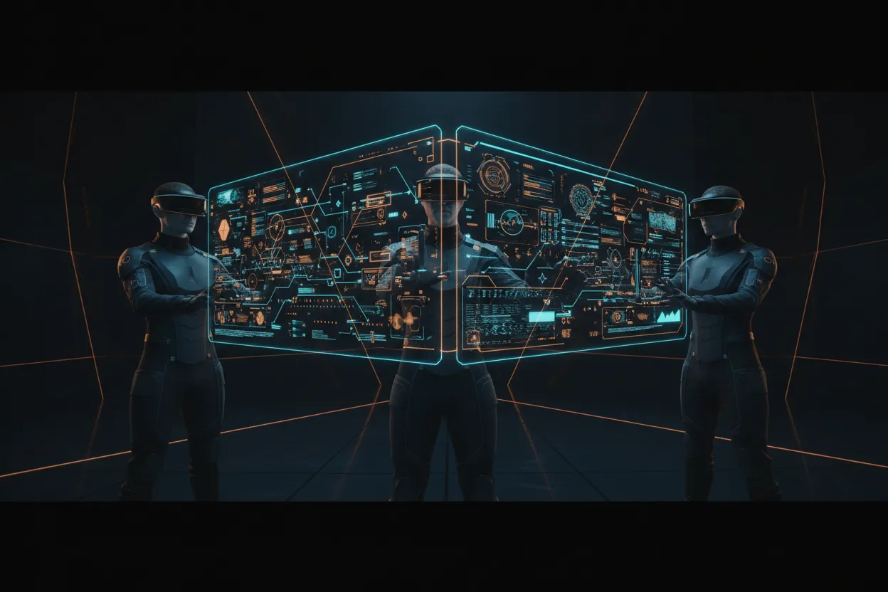 Team collaborating with VR and futuristic technology