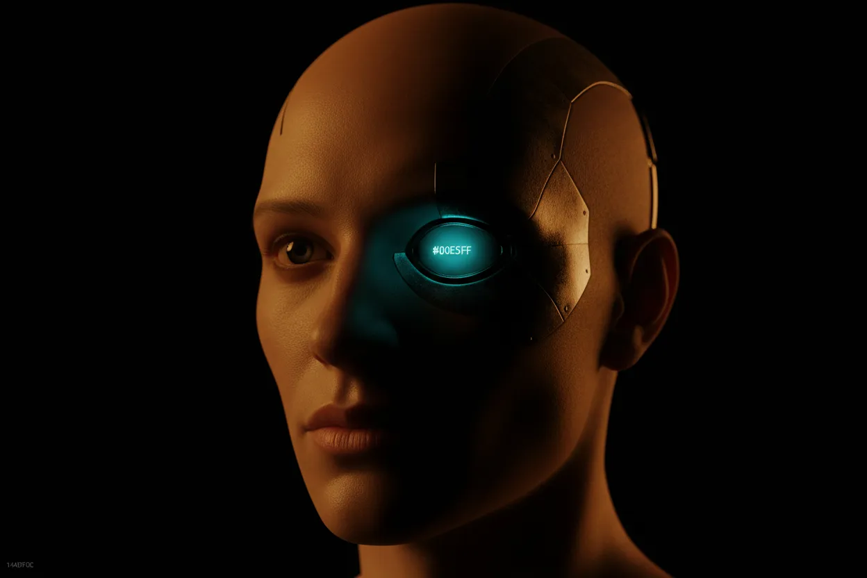 Cyborg face with blue light reflections