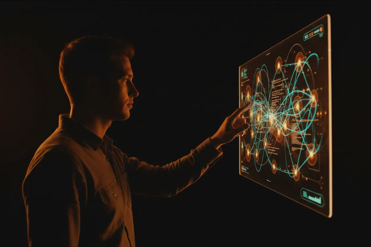 Person interacting with holographic digital interface