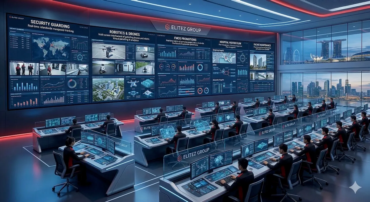 The Elitez Integrated Command Center — the operations floor with its multi-screen video wall