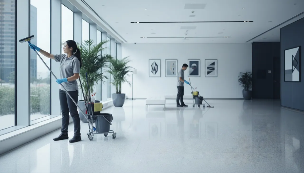 Cleaning crew maintaining a modern building lobby