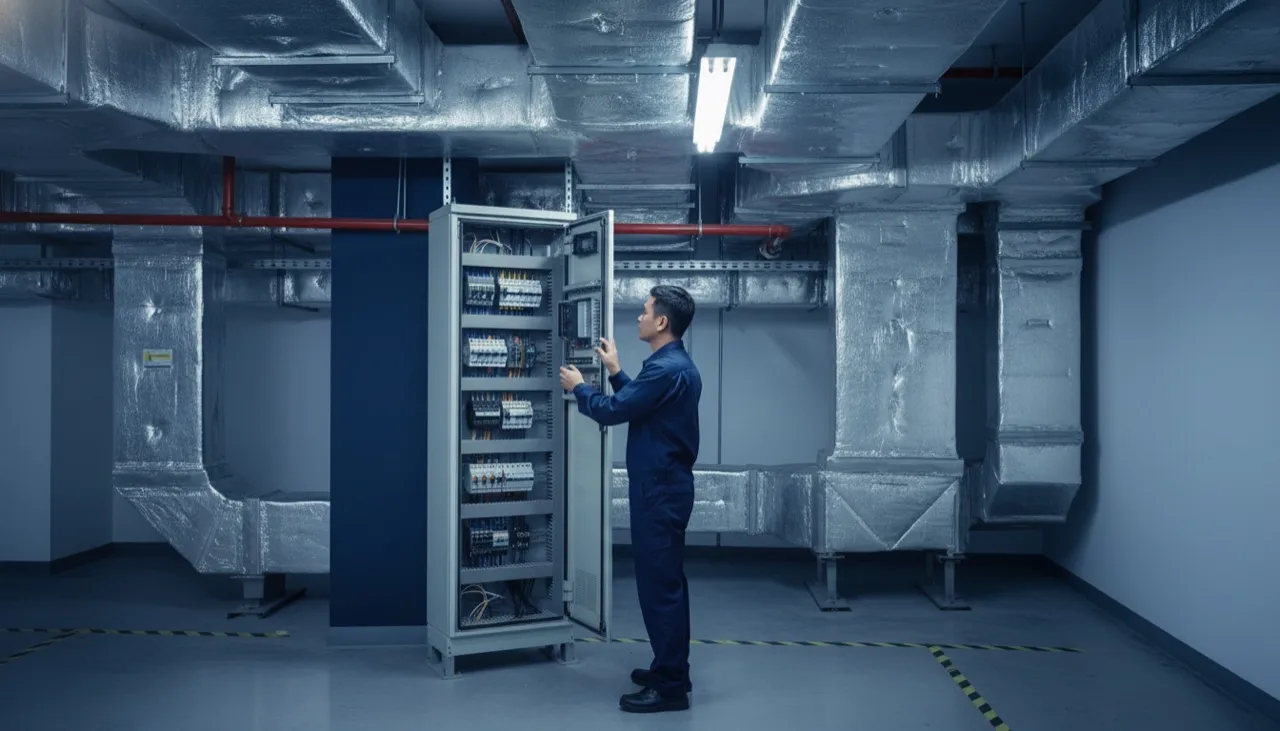Mechanical and electrical technician at a building plant room