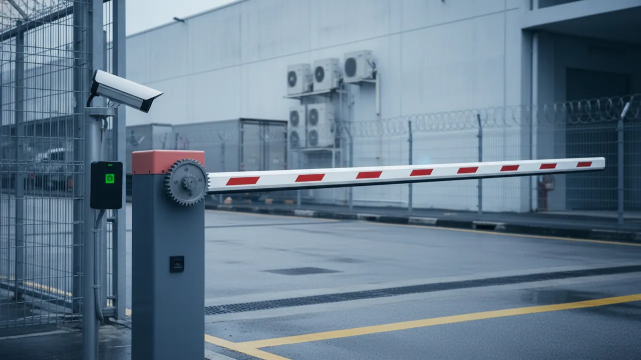 A red-and-white boom barrier at a Singapore industrial vehicle gate with a wall-mounted security camera