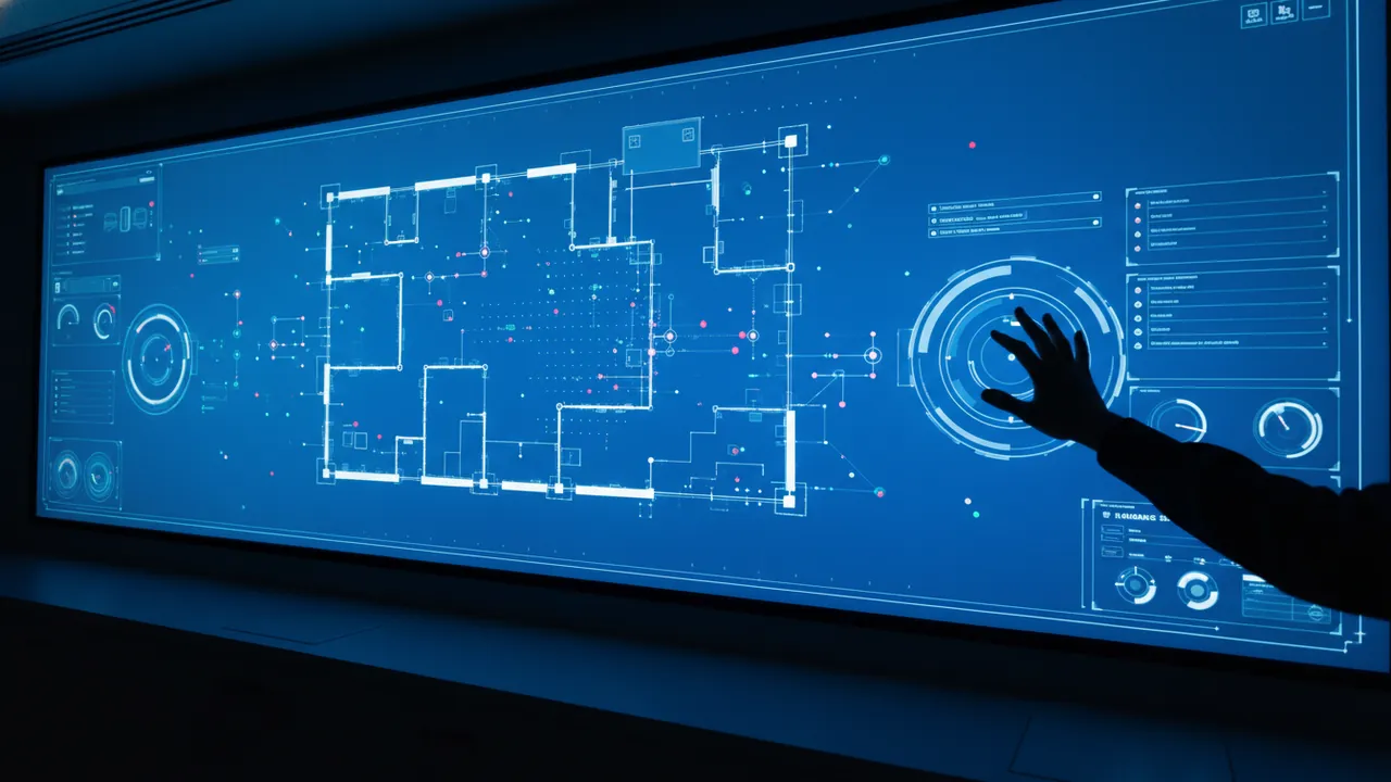 A wall-mounted touch display showing an abstract floor-plan schematic with status widgets, a hand reaching toward it