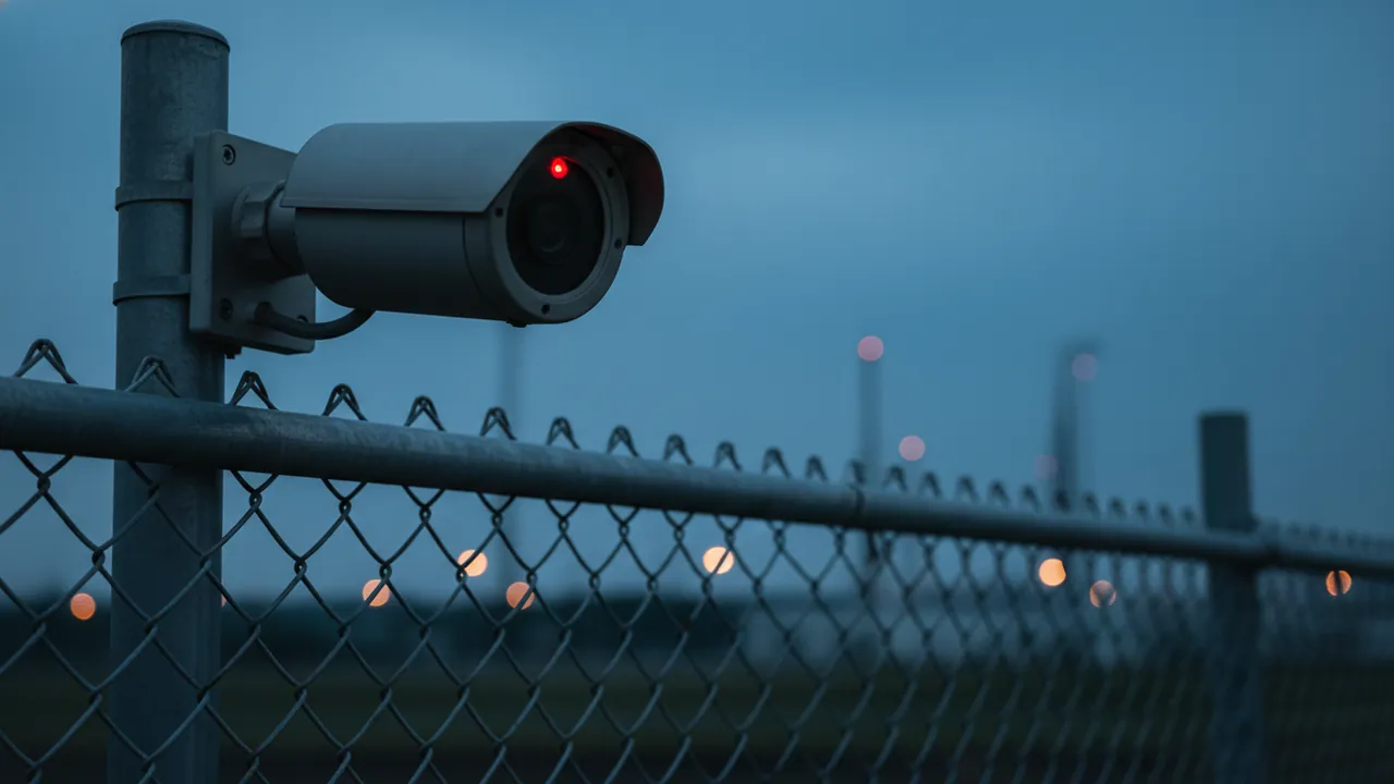 An outdoor industrial CCTV camera on a perimeter fence at blue-hour twilight