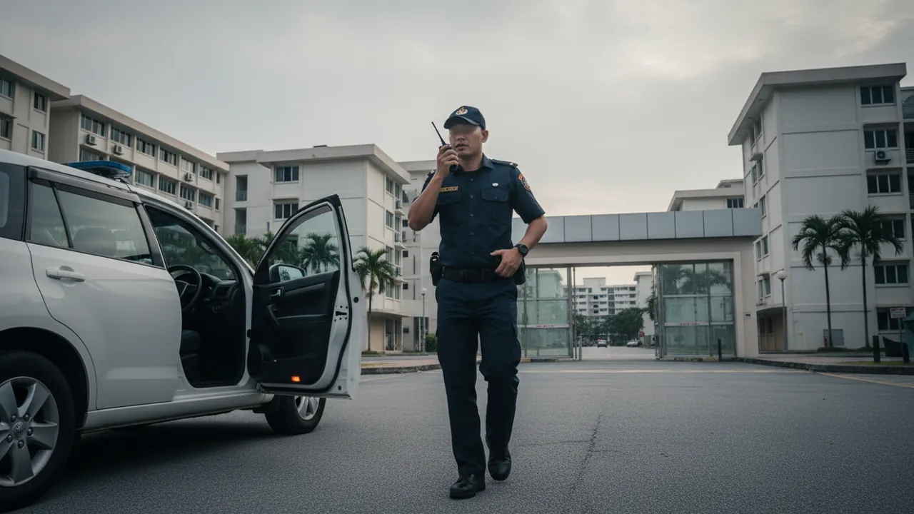 A mobile-patrol officer with a radio at a marked patrol vehicle outside a Singapore site