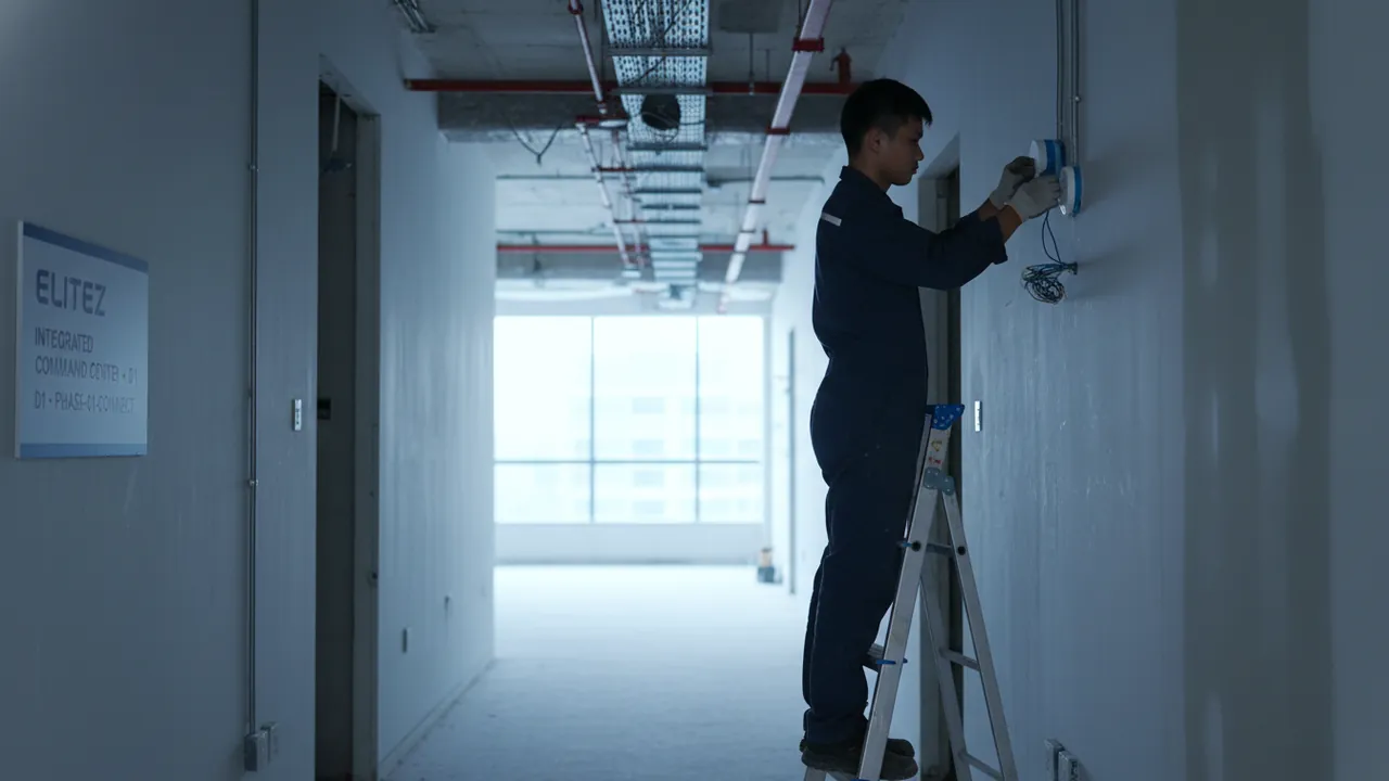 A technician on a ladder mounting an IoT sensor on the wall of a commercial corridor