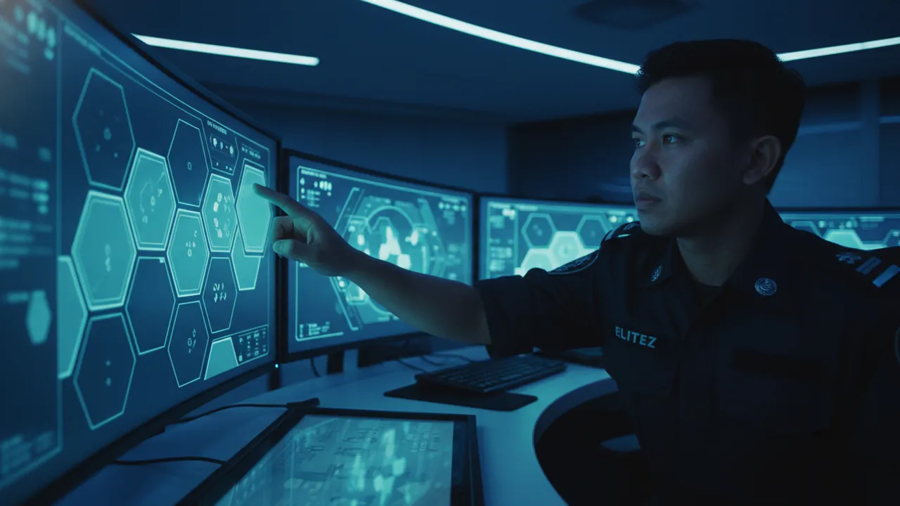 An operations officer mid-action pressing a touch-screen control widget on a console