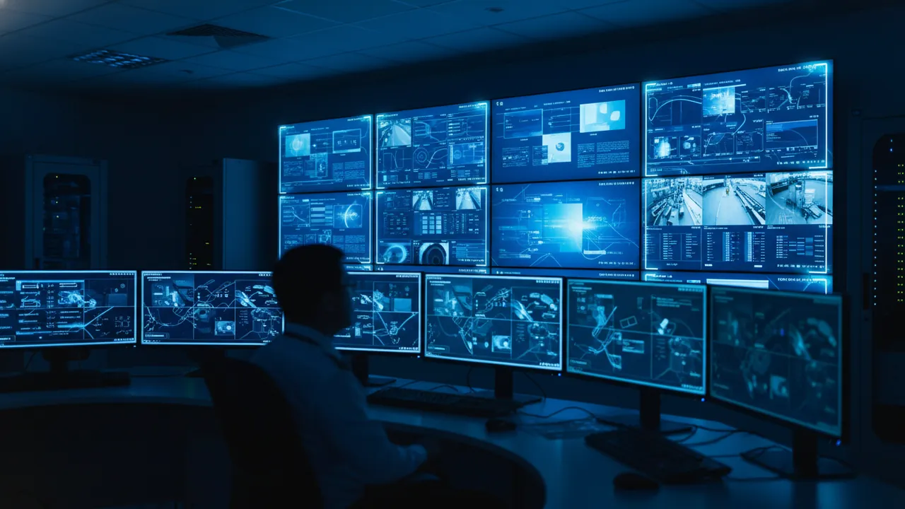 A quiet operations room at night with multiple monitors running dashboards autonomously