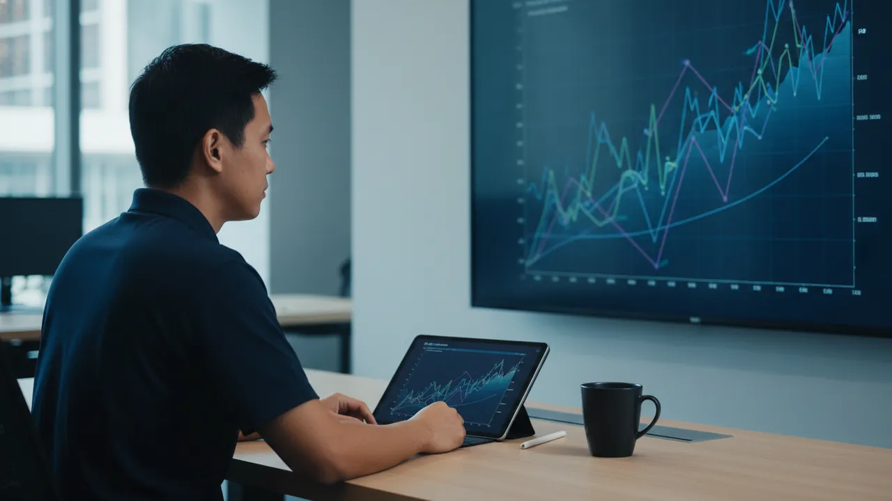 An analyst at a clean desk reviewing abstract trend-line charts on screen and tablet