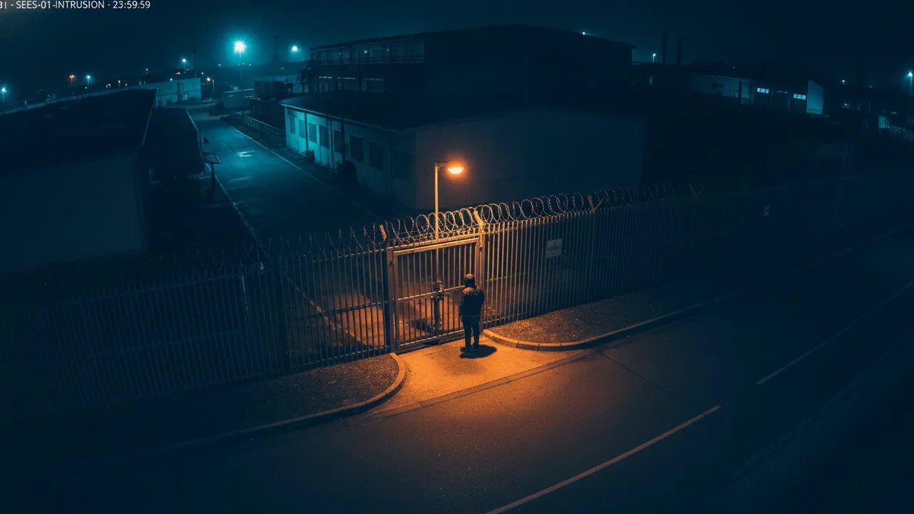 Elevated CCTV view of a Singapore industrial perimeter fence at night with a figure near a side gate