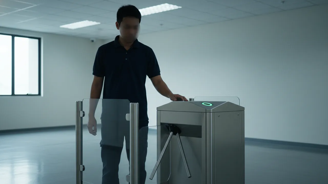A worker approaching a biometric turnstile gantry at a Singapore dormitory entrance