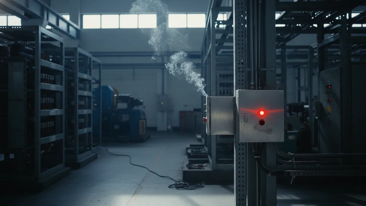 A plant room with a faint wisp of smoke from electrical equipment and a small red warning LED