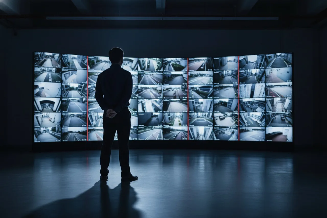 Operations analyst studying the command-centre video wall