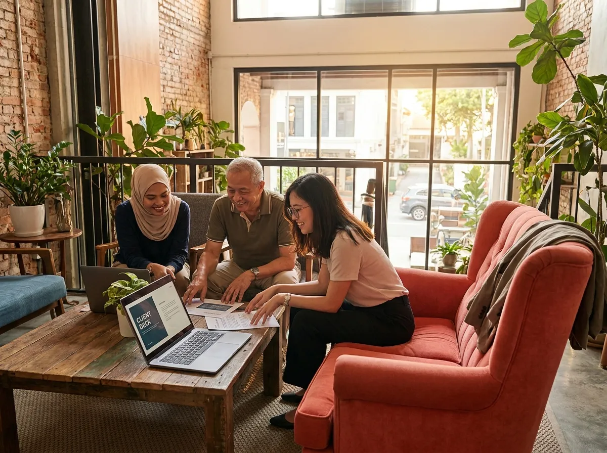 Three diverse Singaporean team members collaborating around a laptop in a warm SME office