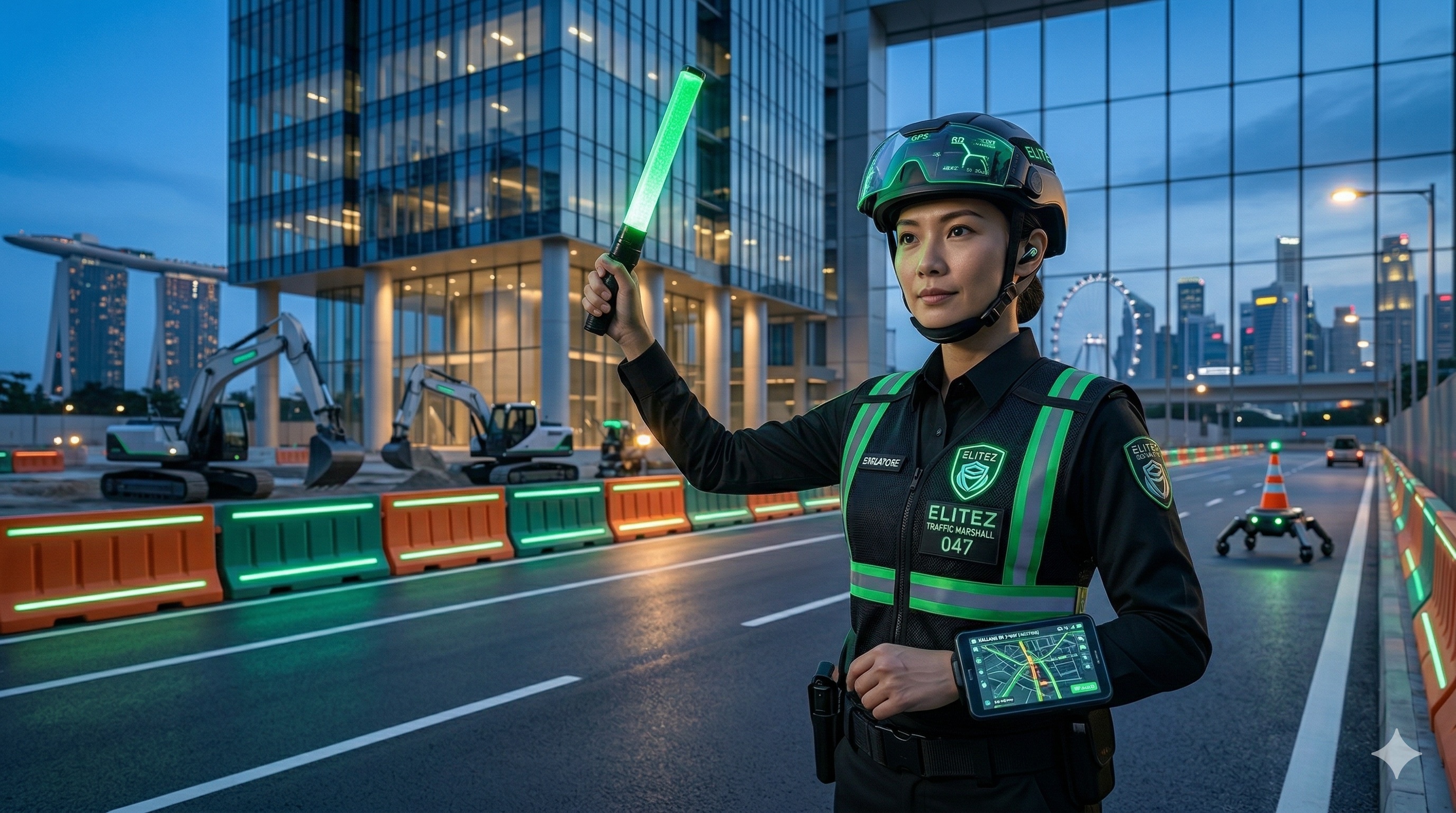 Elitez traffic marshall directing vehicles at a Singapore construction site