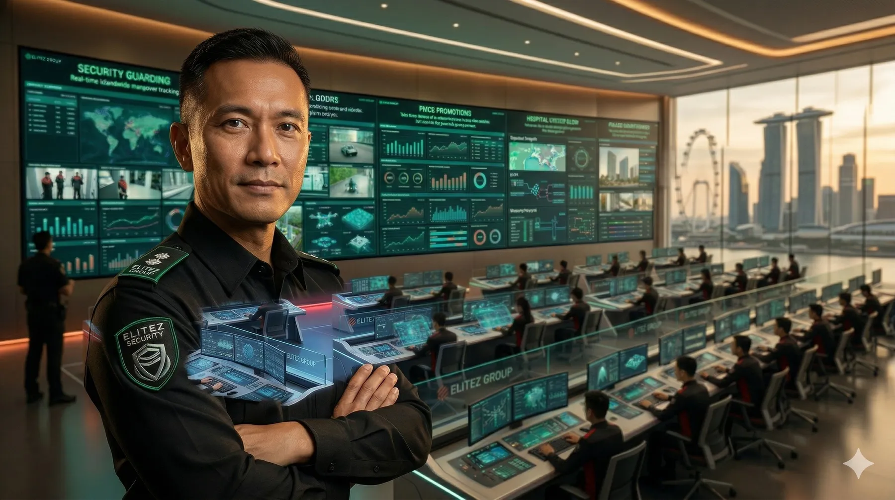 Elitez Security operations lead in front of live command centre dashboards at 2 Kallang Avenue