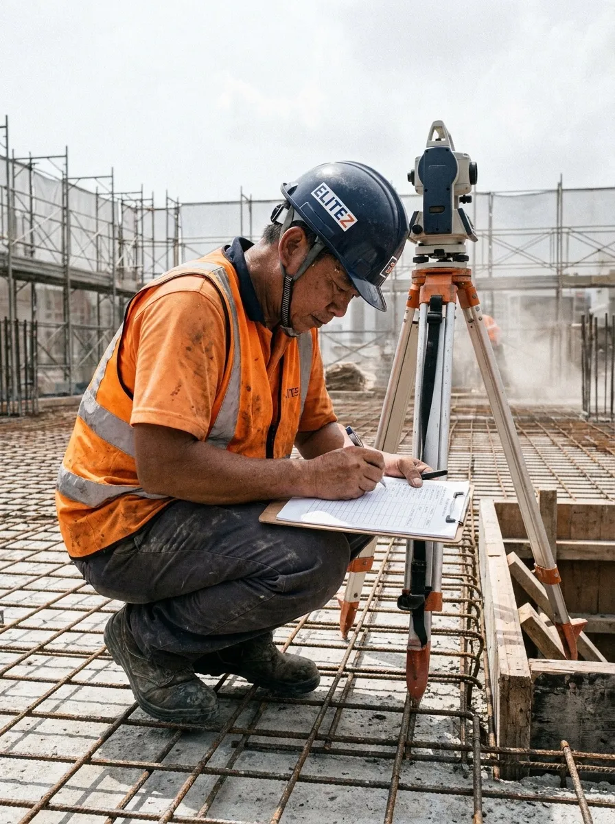 Senior RTO inspecting rebar grid on a high-rise BTO podium slab, theodolite beside him, marking a checklist mid-action.