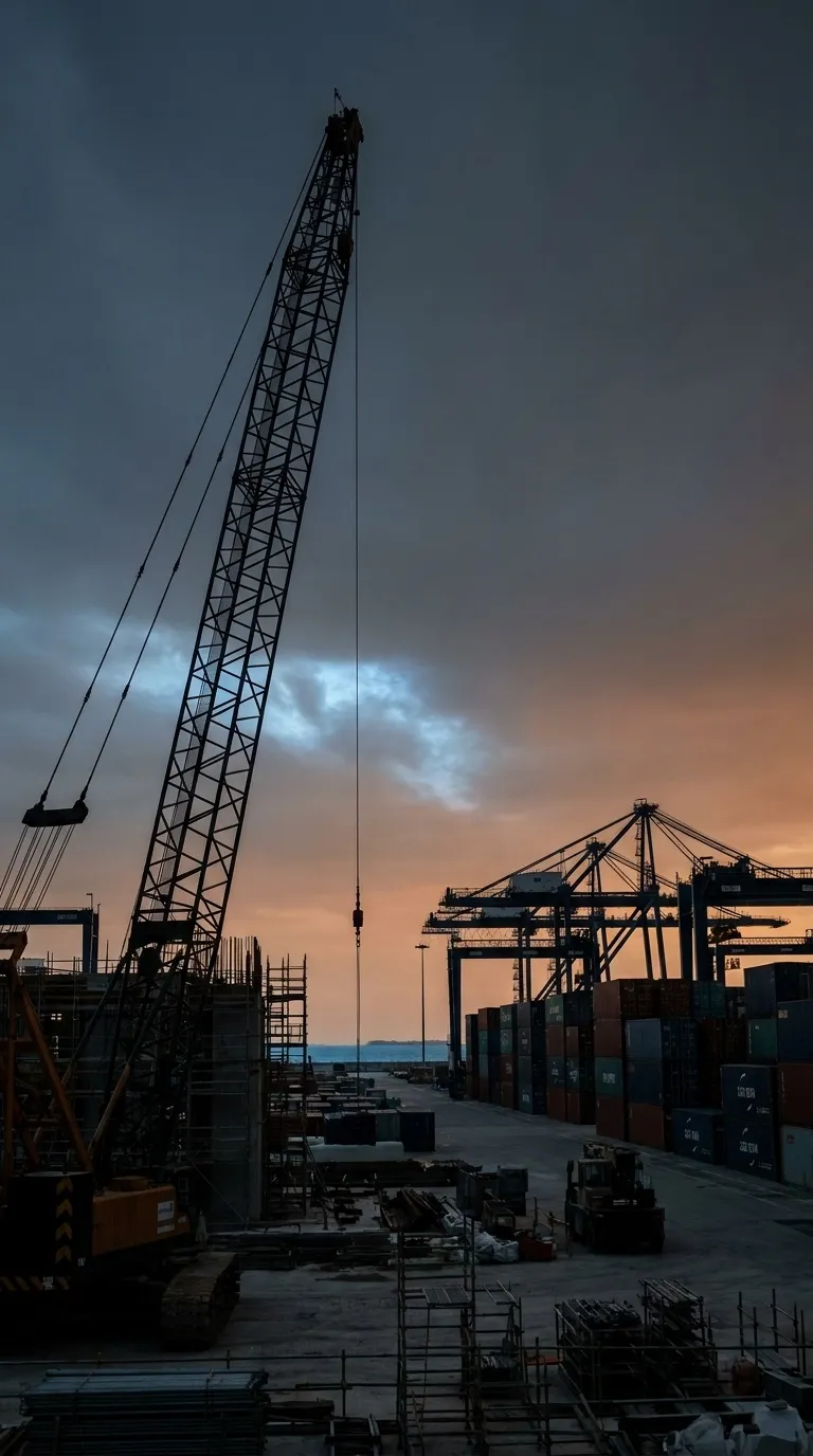 Tower crane silhouette against late-afternoon Singapore sky from the base of a Tuas Mega Port-class infrastructure site, container stacks distant.