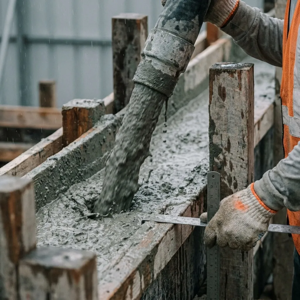 Wet concrete pouring from a pump line into timber formwork, viewed from RTO's stance with gloved hand at frame edge holding a depth gauge.