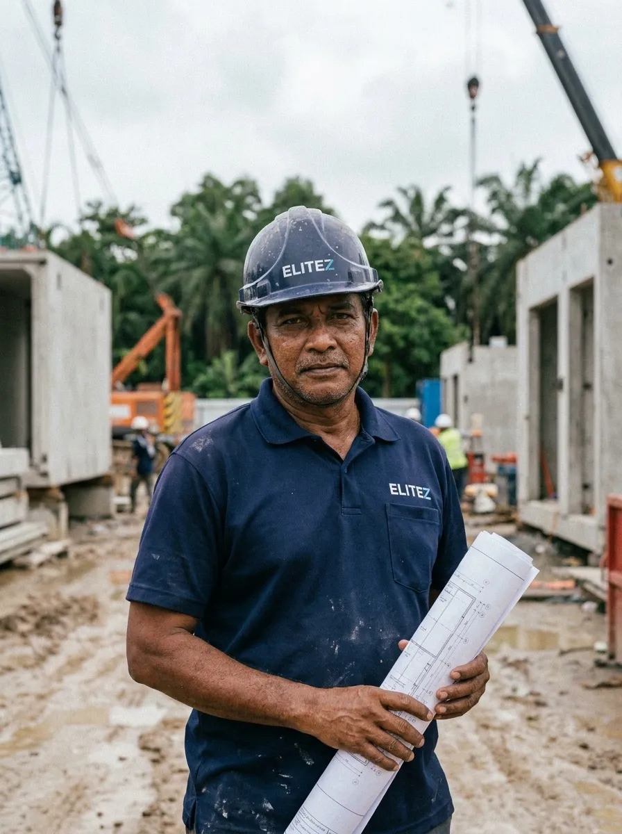 Mid-shot of a Senior RE in Elitez branded gear on a PPVC site, drawings under arm, looking at the camera with neutral expression.