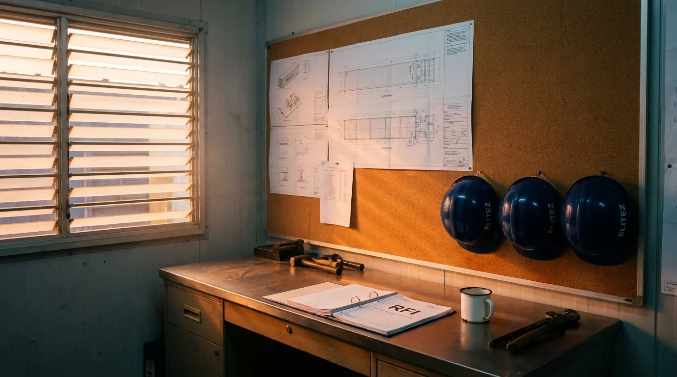 Working container site office at dawn in Singapore: drawings pinned on a cork wall, three hard hats on hooks, RFI log binder open on a metal desk, dust motes in slanting first light.