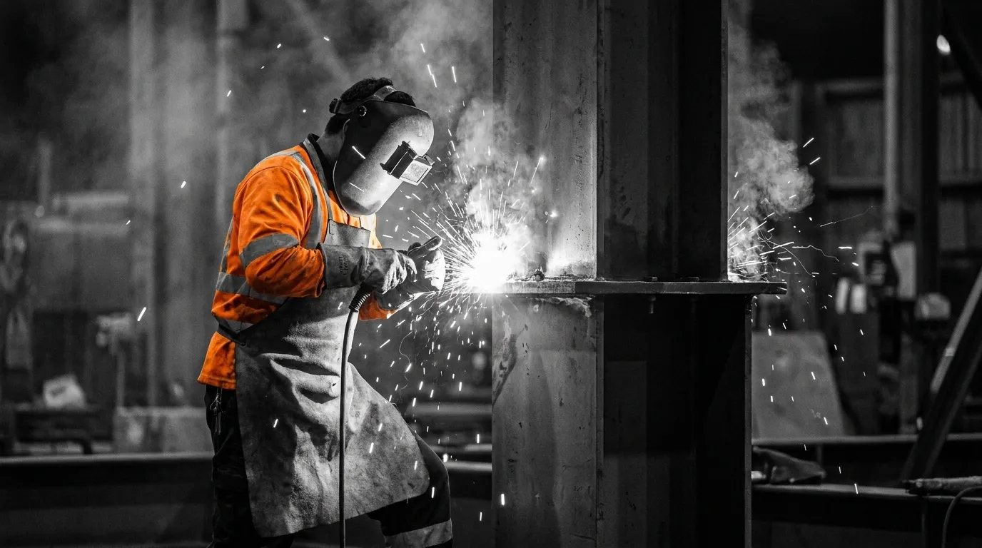 Welder in full PPE mid-arc on a structural steel column joint, telephoto compression flattening the column line behind, sparks as controlled streaks.