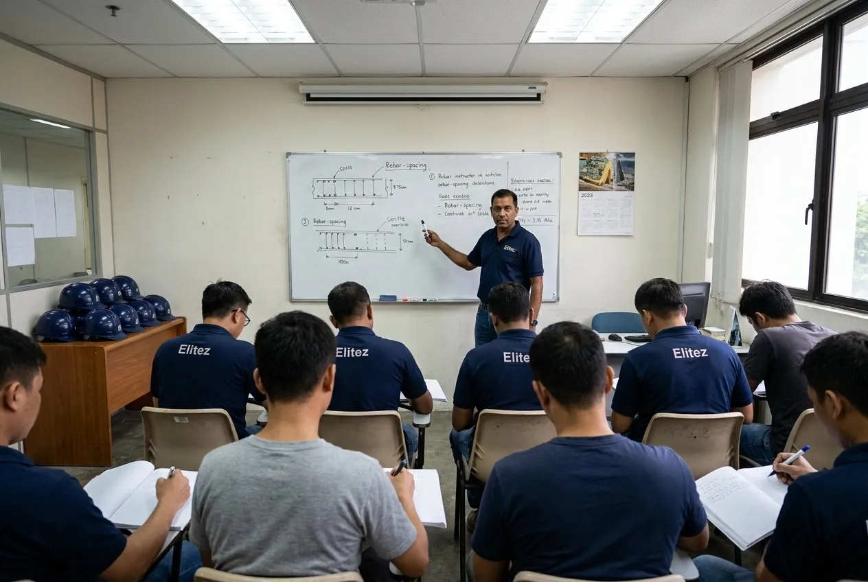 WSQ supervisor training classroom in Singapore: instructor at a whiteboard with rebar-spacing diagrams, eight trainees photographed from over-shoulder POV, hard hats stacked on a side table.