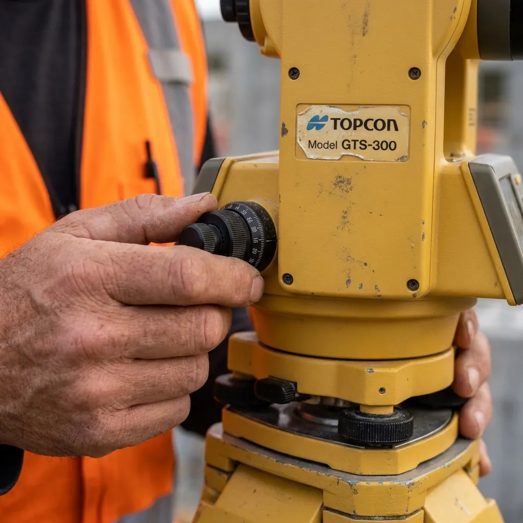 Tight macro detail of an RTO's hands adjusting the fine-level dial on a yellow theodolite, dust-bleached casing, side-lit by a portable site lamp.