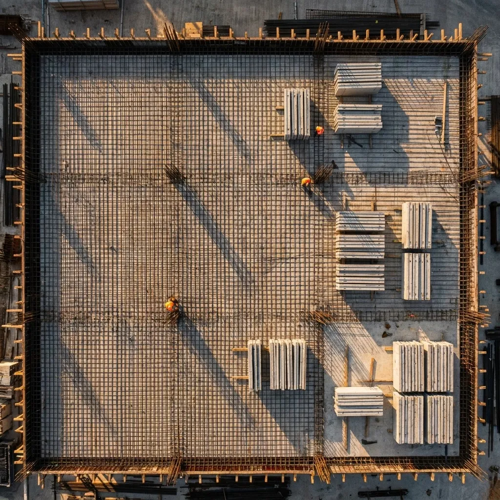Top-down aerial of an HDB BTO podium under construction with rebar grids and PPVC modules, golden-hour shadows, two supervisors visible as small orange figures.