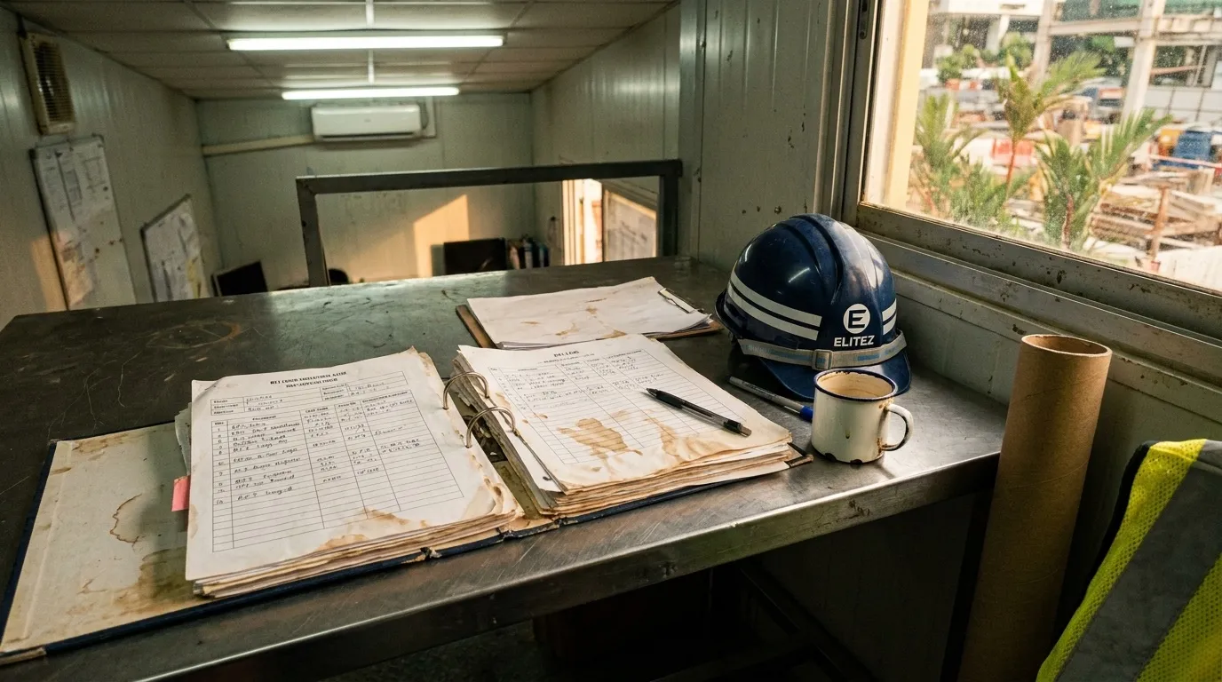 Cluttered RFI log binder open on a metal site-office desk, navy hard hat with Elitez wordmark next to it, half-empty enamel mug, drawings tube standing beside.