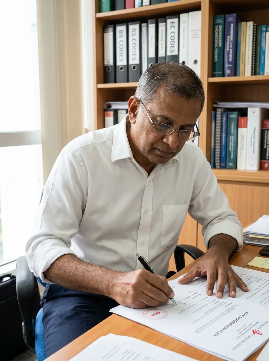 Senior QP(S), Indian-Singaporean man in his 60s, signing a Site Supervision Plan at his desk with BCA seal partially visible on the document cover.